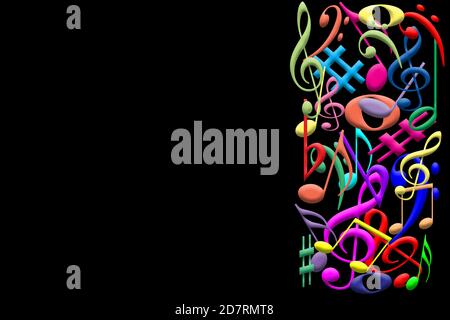 Eine bunte Illustration von mehrfarbigen überlappenden Noten isoliert gegen Schwarzer Hintergrund Stockfoto