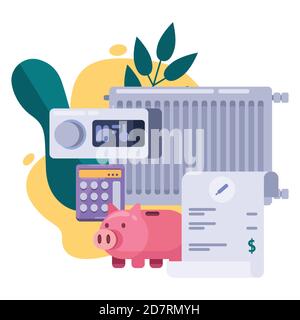 Stromrechnungen und Ressourcenschonung Konzept. Vektorgrafik flach. Zahlung der Gasrechnung. Stock Vektor
