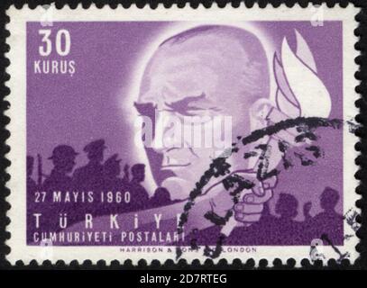 Republik Türkei. Republik Türkei Briefmarke. Republik Türkei historische Briefmarke. Eine Briefmarke gedruckt in der Republik Türkei. Stockfoto