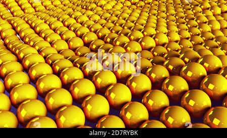 Gewellte Oberfläche der vielen goldenen Kugeln. 3D-Rendering im Hintergrund, moderne Computer generiert Stockfoto