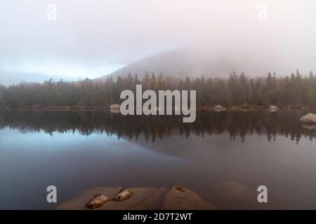 Nebliger Sonnenaufgang am Sandy Stream Pond im Oktober, Baxter State Park, Maine Stockfoto