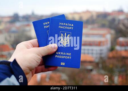 Neuer ukrainischer blauer biometrischer Pass mit Identifikations-Chip vor dem Hintergrund der Stadt. Stockfoto