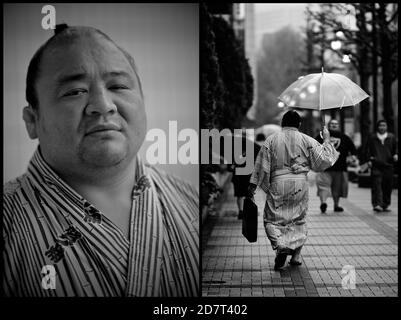 Sumotori in Yukata gekleidet im Ryogoku Kokugikan Sumo Stadion, Ryogoku, ward, Tokyo, Japan 2012 Stockfoto