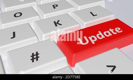 Aktualisieren Sie die rote Taste auf einer weißen Computertastatur - 3D Rendering-Illustration Stockfoto