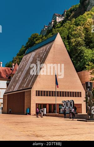 Vaduz, Liechtenstein, 16. August 2018:- der Landtag oder Landtag von Liechtenstein in der Hauptstadt Vaduz Stockfoto