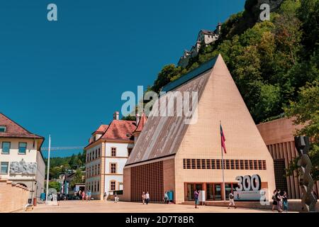 Vaduz, Liechtenstein, 16. August 2018:- der Landtag oder Landtag von Liechtenstein in der Hauptstadt Vaduz Stockfoto