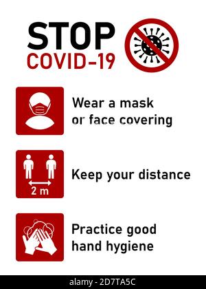 Stop Covid-19 Coronavirus Regelsatz einschließlich Tragen Sie eine Maske oder Gesichtsbedeckung, halten Sie Ihren Abstand 2 Meter und üben gute Handhygiene. Vektorbild. Stock Vektor
