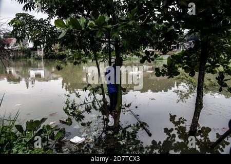 Bogor, Indonesien. Oktober 2020. Ein Mann sah die Fischerei während einer Überschwemmung in Bogor, West Java, 25. Oktober 2020. (Foto: Aditya Saputra/INA Photo Agency/Sipa USA) Quelle: SIPA USA/Alamy Live News Stockfoto