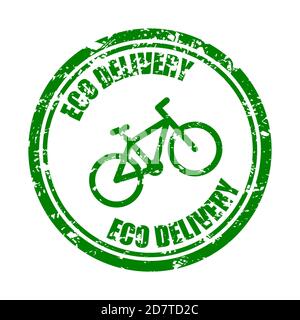 Öko Lieferung per Fahrrad, grüne Gummistempeltextur. Runder Verschluss für die Lebensmittelzustellung. Vektor-Symbol-Marke für Fast-Food-Pack, Illustration-Service Stock Vektor