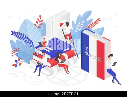 Online Französisch Sprachkurse isometrische 3d Vektor Illustration. Fernunterricht, Fernschule, Universität Frankreich. Schüler lesen Bücher Internet-Klasse, e lernen Sprachschule isoliert Stock Vektor