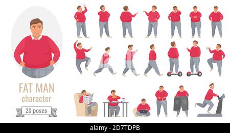 Fat Mann posiert Vektor Illustration Set. Cartoon Körper positive männliche Figur trägt roten Pullover und graue Hose, zeigt verschiedene Haltungen Aktion Posen vor, Seite oder Rückansicht isoliert auf weiß Stock Vektor