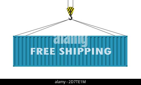 Frachtcontainer, der an einem Kranhaken hängt, freier Versand-Text Ein Stock Vektor