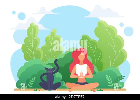 Yoga Lotus Pose Vektor Illustration. Cartoon nette junge Frau Yogist Charakter sitzt in Lotus Asana, entspannen Sie sich im Freien mit Katze Haustier, Zen Yoga-Übungen für Meditation und geistige Gesundheit isoliert auf weiß Stock Vektor