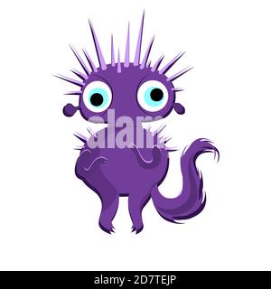 Lila halloween Monster mit scharfen Dornen und langen Schwanz. Vektor Maskottchen Kobold gruselig, bizarre niedlich Gesicht Illustration Stock Vektor