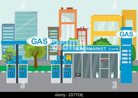 Leere Stadtstraße und Tankstelle, urbanes Leben und Industrie-Betrug Stock Vektor