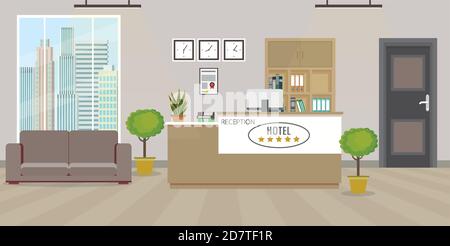 Moderne, leere Hotelrezeption mit Möbeln Stock Vektor