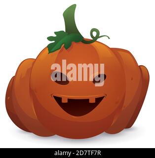 Isolierter Kürbis mit Blatt, Ranke und Stiel und lächelnd geschnitztem Gesicht bereit für Halloween. Stock Vektor