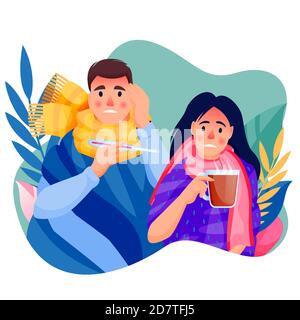 Grippekrankes Familienpaar. Mann und Frau behandelt saisonale Erkältung Atemwegsinfektion Krankheit. Vektor flache Cartoon-Figuren Illustration isoliert auf whit Stock Vektor