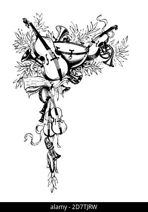 Stich einer Musikdekoration (isoliert auf Weiß) aus dem 19. Jahrhundert. Veröffentlicht in Examples des divers caracteres et vignettes typographiques de la fonde Stockfoto