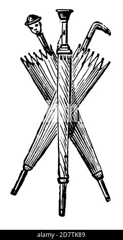 Vintage Illustration von Regenschirmen (isoliert auf weiß). Veröffentlicht in Examples des divers caracteres et vignettes typographiques de la fonderie von Laur Stockfoto