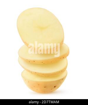 Eine geschnittene rohe Kartoffel, Stücke übereinander, isoliert auf weißem Hintergrund Stockfoto