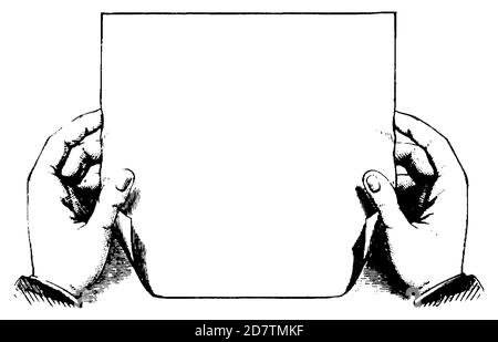 Hände halten unbeschriftete Papier Schild Copyspace Vintage Schwarz-Weiß Illustration Original Antik Design Stockfoto