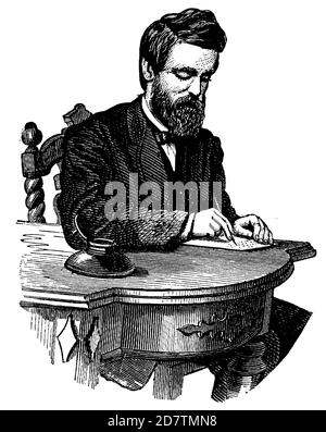 Mann schreibt auf Papier Vintage Schwarz-Weiß Illustration Stockfoto