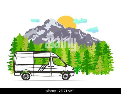 Aufkleber Van Life. Weißer Van mit Bergen im Hintergrund. Leben im Kleinbus, Camping in der Natur, Reisen. Vektorgrafik. Stockfoto