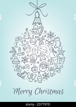 Weihnachtsschmuck Ball mit skizzierten weihnachtselementen gemacht. Handgezeichnete weihnachtskarte. Vektorgrafik. Stock Vektor