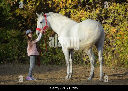 Tambow, Russland, 20. Oktober 2020: Kind Mädchen reiten andalusischen Dressurpferd bei der offiziellen Probe der Pokrovskaya Messe Ausstellung Stockfoto