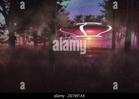 UFO Landung im Wald / Wald bei Nacht, Science-Fiction-Szene mit Alien-Raumschiff. 3d-Darstellung des Raums Stockfoto