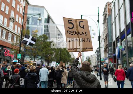 Ein Protestler hält ein Plakat während einer Anti-Lockdown-Kundgebung in London am 24. Oktober 2020 hoch Stockfoto