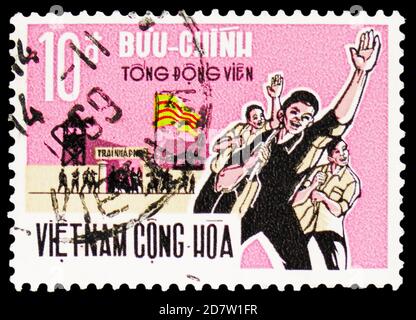 MOSKAU, RUSSLAND - 9. OKTOBER 2020: Briefmarke gedruckt in Südvietnam zeigt Abschied, General Mobilization Serie, um 1969 Stockfoto