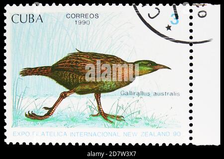 MOSKAU, RUSSLAND - 9. OKTOBER 2020: Briefmarken gedruckt in Kuba zeigt Weka (Gallirallus australis), Internationale Philatelie-Ausstellung Neuseeland-90 Stockfoto