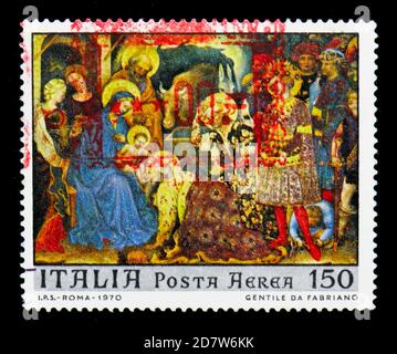 MOSKAU, RUSSLAND - 15. APRIL 2018: Eine in Italien gedruckte Briefmarke zeigt Weihnachten, Serie, um 1970 Stockfoto