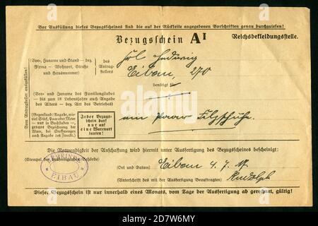 Europa, Deutschland, Sachsen, Eibau, Zeit des 1. Weltkrieges, Bezugsschein der Reichsbekleidungsstelle für ein Paar Filzschuhe, ausgestellt am 04. 07. 1917 von der Gemeinde Eibau, Größe: 22 cm x 14,5 cm, Motiv nur für journalistische oder wissenschaftliche Zwecke, Rechte werden nicht vertreten. / Europa. Deutschland, Sachsen, Eibau, Zeit des 1. Weltkrieges, Bezugsschein für den Löchling des Stadtverbandes in diesem Fall für ein Paar Filzschuhe, veröffentlicht 04. 07. 1917 des Stadtvereins Eibau, Größe: 22 cm x 14,5 cm, Bild nur für journalistische oder akademische Zwecke, es gibt keine Rechte. Stockfoto