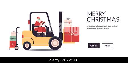 santa claus Fahren Gabelstapler Laden bunte Geschenke fröhlich weihnachten Frohes neues Jahr Express Lieferung Konzept horizontale Kopie Raum Vektor Abbildung Stock Vektor