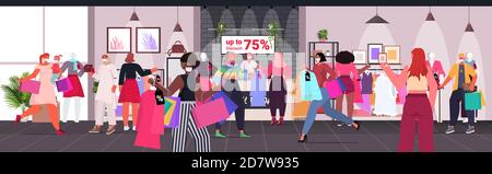 Mix Rennen Mädchen in Masken laufen mit Kleidung und Einkaufen Taschen schwarz freitag großen Verkauf coronavirus Quarantäne Konzept Mode-Shop Horizontale Vektorgrafik für den Innenraum in voller Länge Stock Vektor