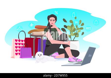 Frau mit Laptop die Wahl und den Kauf von Waren Black friday online Shopping großen Verkauf Förderung Konzept volle Länge horizontale Vektor-Illustration Stock Vektor