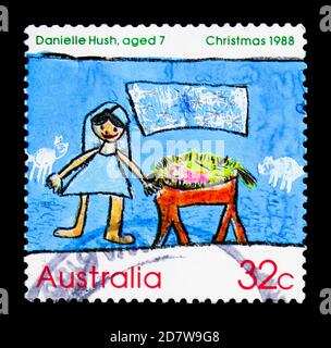 MOSKAU, RUSSLAND - 28. MÄRZ 2018: Eine in Australien gedruckte Briefmarke zeigt Geburt, Weihnachtsserie 1988, um 1988 Stockfoto