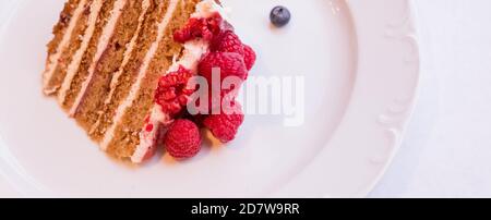 Hausgemachter Käsekuchen mit frischen Beeren.gesunde Bio Sommer Dessert Kuchen Käsekuchen.Web Banner.EIN Stück Schokolade Beerenkuchen in einem weißen Teller. Der Stockfoto