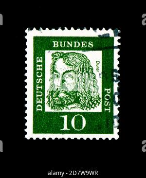MOSKAU, RUSSLAND - 28. MÄRZ 2018: Eine in der Bundesrepublik Deutschland gedruckte Briefmarke zeigt Albrecht Durer (1471-1528), Maler und Grafiker, distinguishe Stockfoto