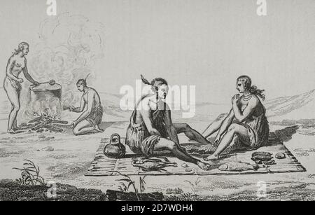 Vereinigte Staaten von Amerika. Französische Expedition aus dem 16. Jahrhundert. Florida. Seminoles Indianer. Speisen und Zubereitung von Mahlzeiten. Jacques Le Moyne de Morgues (1533-1588) machte die Illustrationen während der Expedition. Stich aus dem 19. Jahrhundert nach dem Original von Jacques Le Moyne. Panorama Universal. Geschichte der Vereinigten Staaten von Amerika, ab 1. Auflage von Jean B.G. Roux de Rochelle's Etats-Unis d'Amérique im Jahr 1837. Spanische Ausgabe, gedruckt in Barcelona, 1850. Stockfoto