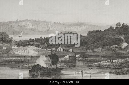 Vereinigte Staaten von Amerika. Hudson River Palisades. Gravur von Milbert. Panorama Universal. Geschichte der Vereinigten Staaten von Amerika, ab 1. Auflage von Jean B.G. Roux de Rochelle's Etats-Unis d'Amérique im Jahr 1837. Spanische Ausgabe, gedruckt in Barcelona, 1850. Stockfoto