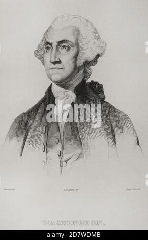 George Washington (1732-1799). Erster Präsident der Vereinigten Staaten (1789-1797). Oberbefehlshaber der revolutionären kontinentalen Armee im amerikanischen Unabhängigkeitskrieg (1775-1783). Hochformat. Gravur von Vernier. Panorama Universal. Geschichte der Vereinigten Staaten von Amerika, ab 1. Auflage von Jean B.G. Roux de Rochelle's Etats-Unis d'Amérique im Jahr 1837. Spanische Ausgabe, gedruckt in Barcelona, 1850. Stockfoto