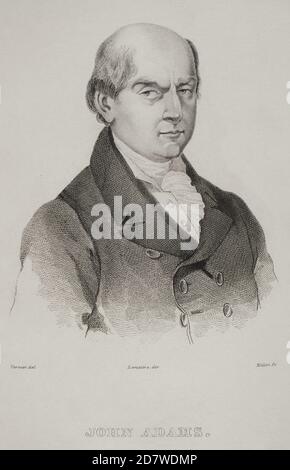 John Adams (1735-1826). Amerikanischer Politiker. Führer der amerikanischen Revolution. Zweiter Präsident der Vereinigten Staaten von Amerika (1797-1801). Hochformat. Gravur von Vernier. Panorama Universal. Geschichte der Vereinigten Staaten von Amerika, ab 1. Auflage von Jean B.G. Roux de Rochelle's Etats-Unis d'Amérique im Jahr 1837. Spanische Ausgabe, gedruckt in Barcelona, 1850. Stockfoto