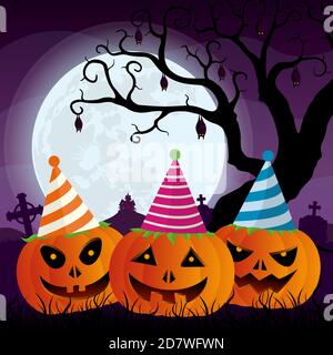 Drei Kürbisse mit Partyhüten auf einem Friedhof mit Kreuzen und Fledermäusen, die an einem Baum mit einem Haus im Hintergrund vor einem großen Mond hängen. Vecto Stock Vektor