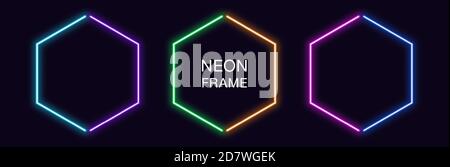 Sechseckiger Neonrahmen. Sechseckiger Neonrand in 2 Umrissteilen. Geometrische Form mit Kopierraum, futuristisch leuchtendes Element für Social Media stor Stock Vektor