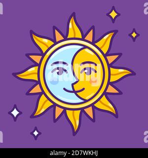 Niedliche Cartoon halb Sonne Halbmond Gesicht, einfache Zeichnung. Tag und Nacht, Gleichgewicht und Einheit Symbol. Vektorgrafik Clip Art Illustration. Stock Vektor