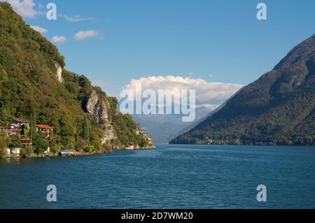 Schöner Blick über den luganersee und das Dorf Gandria im Kanton Tessin, Schweiz Stockfoto